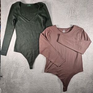 Nuuds Bodysuit Lot Of 2 Womens XXL Brown Green LS Snap Stretch Capsule Preppy